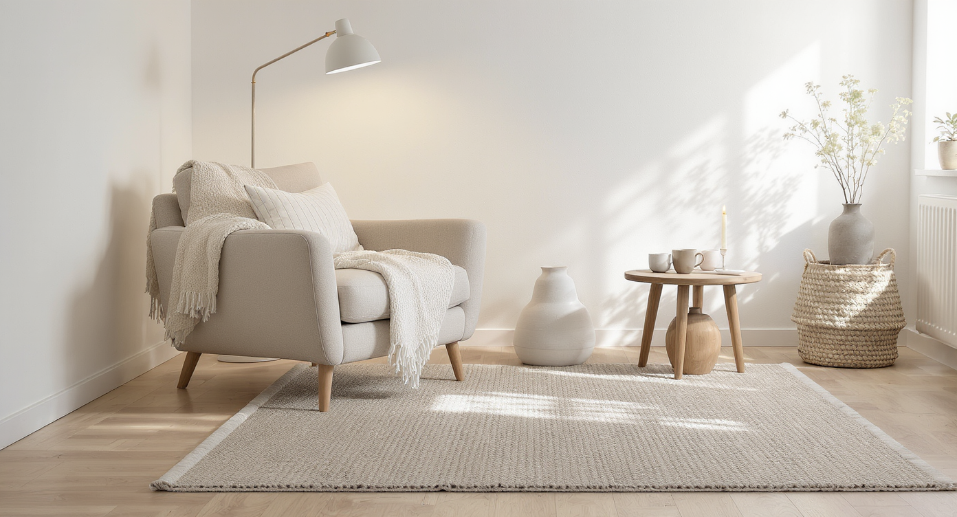 Scandinavian living room corner with woven rug, linen armchair, warm floor lamp, wooden side table, and cozy textured accents.