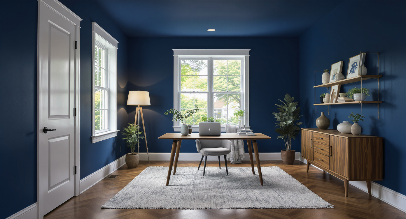 Home office with dark blue matte walls, white trim, warm lighting, neutral rug, wooden furniture, and green plants balancing the moody color.