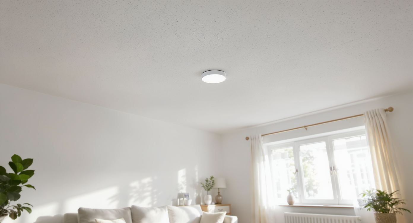 Minimalist living room with modest ceiling height, featuring a small white flush mount ceiling light and neutral furnishings under soft natural light.