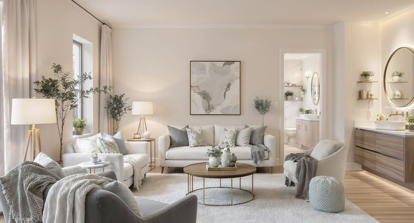 Organized living room with layered lighting, open flow, updated bathroom, and personalized, clutter-free decor in warm neutrals.