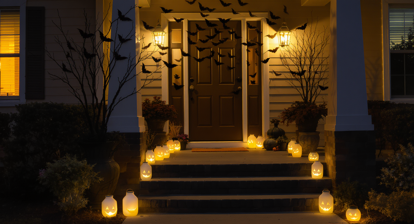 Front porch at dusk with glowing milk jug lanterns, black paper bats on wall, and black painted branches in pots.