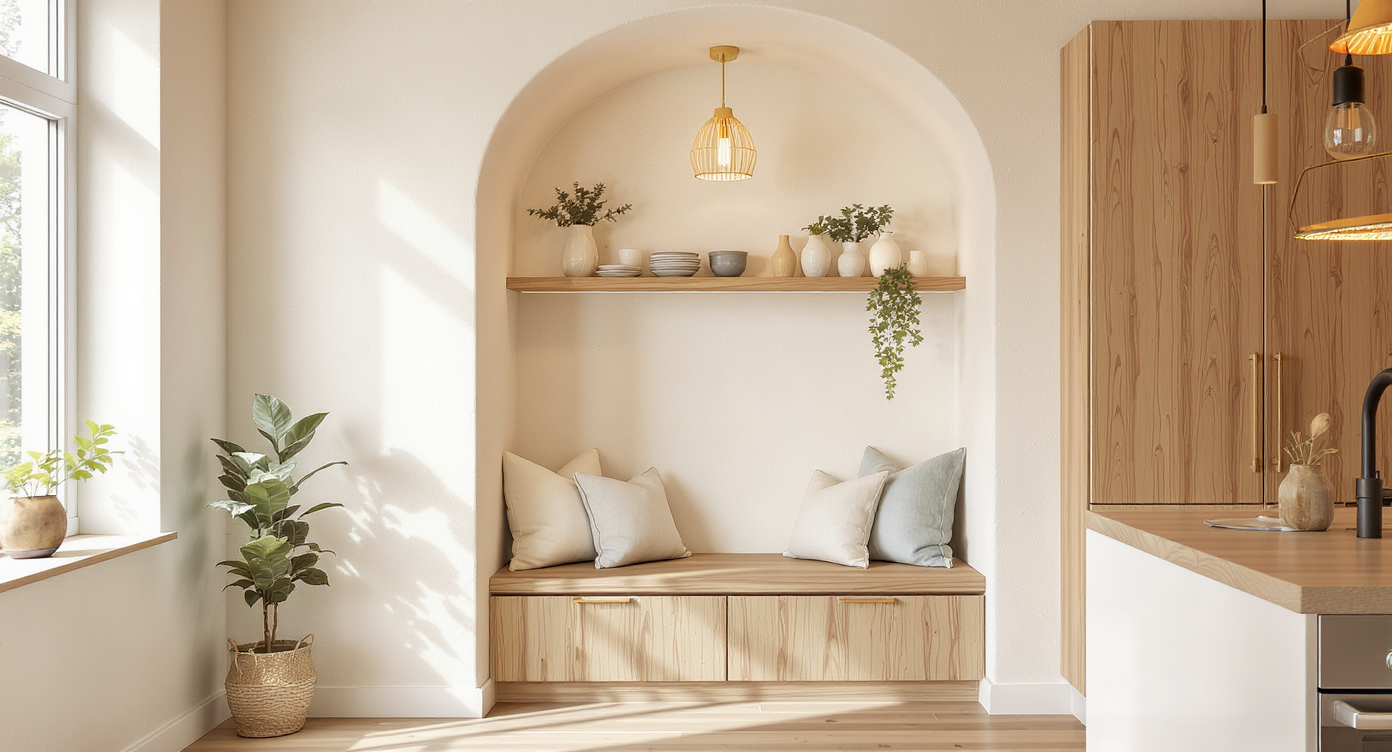 Cozy kitchen nook with limewash plaster walls, wooden bench with cushions, floating shelf, and layered warm lighting.