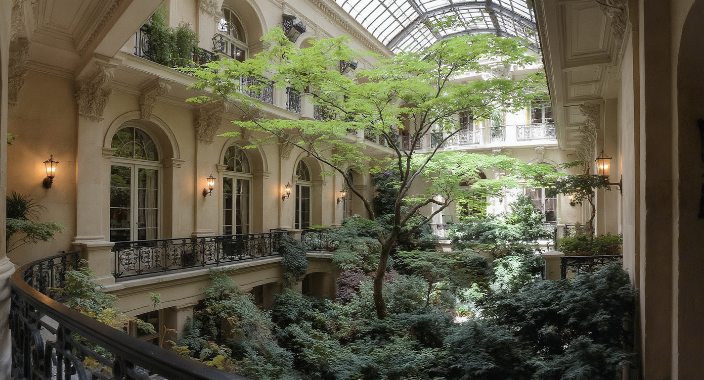 Interior courtyard of a historic NYC apartment with lush garden, wrought-iron balconies, and vaulted plaster ceilings bathed in natural light.