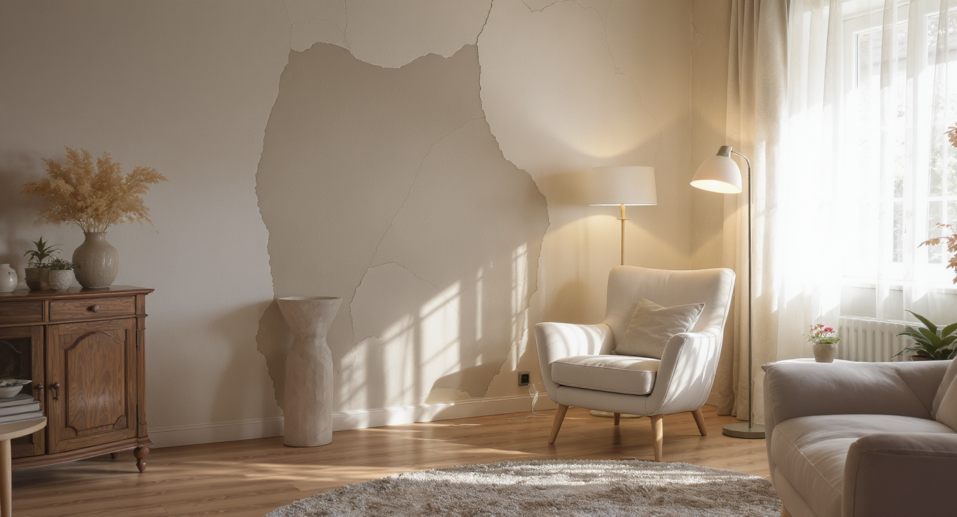 Cozy living room corner with curved walls, vintage wallpaper being updated to light plaster, soft armchair, and warm natural light.