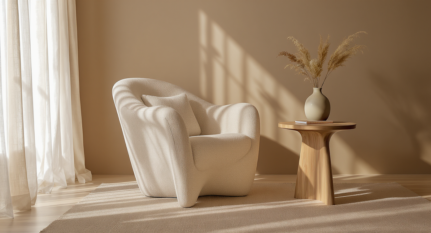 Close-up of a sculptural armchair and curved wooden side table against warm greige wall with soft natural light and ceramic vase.