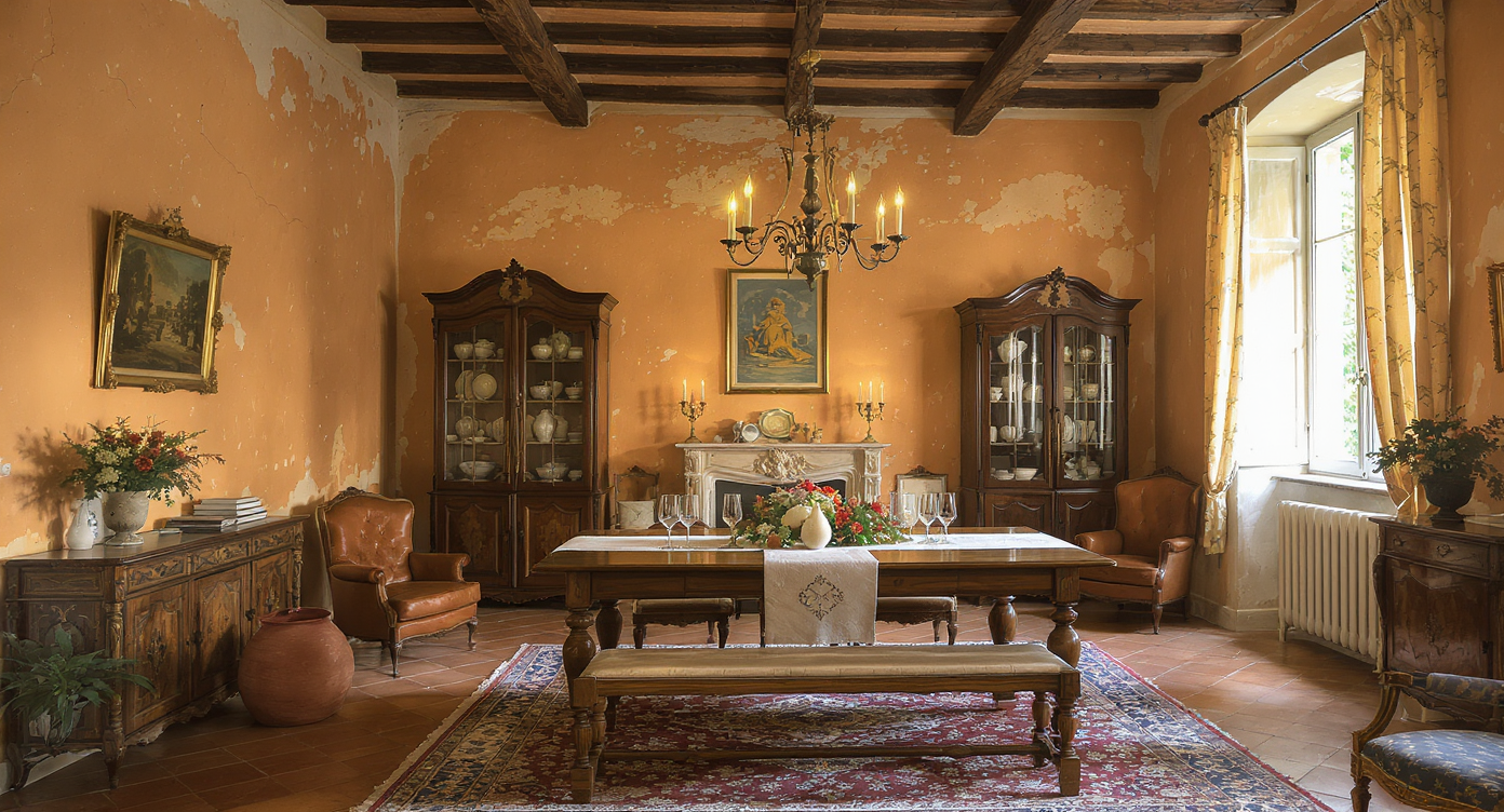Traditional Italian living room with exposed beams, terracotta floor, vintage furnishings, and warm natural light.