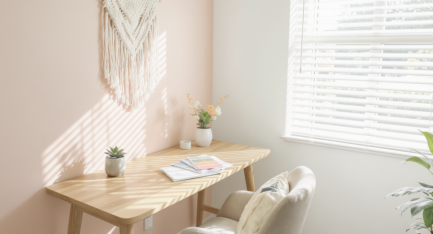 Bright corner with wooden desk, paint swatches, macrame wall hanging, soft pastel walls, and natural light.