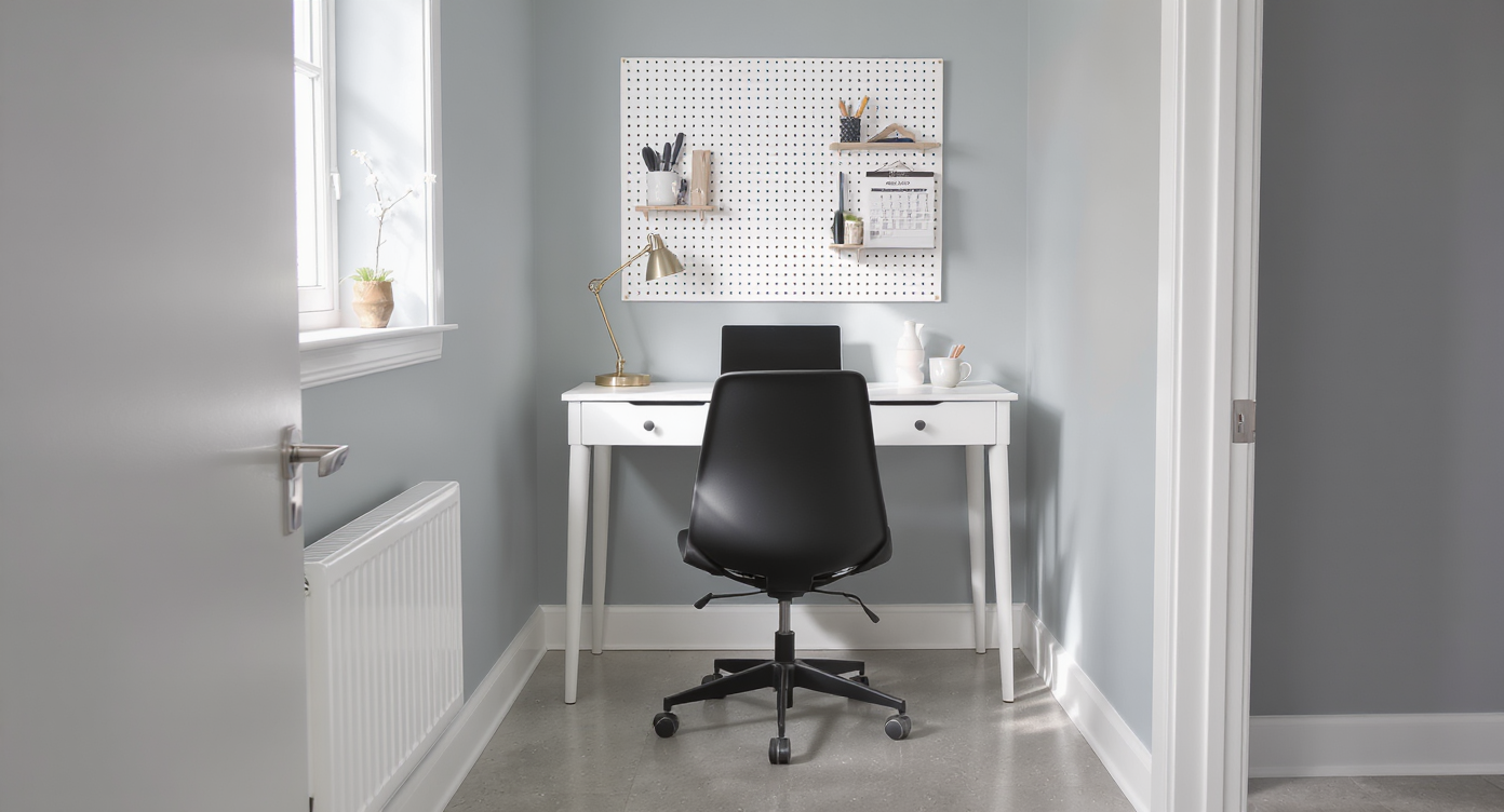 Narrow hallway niche home office with white console desk, black ergonomic chair, pegboard organizer, and soft natural light.