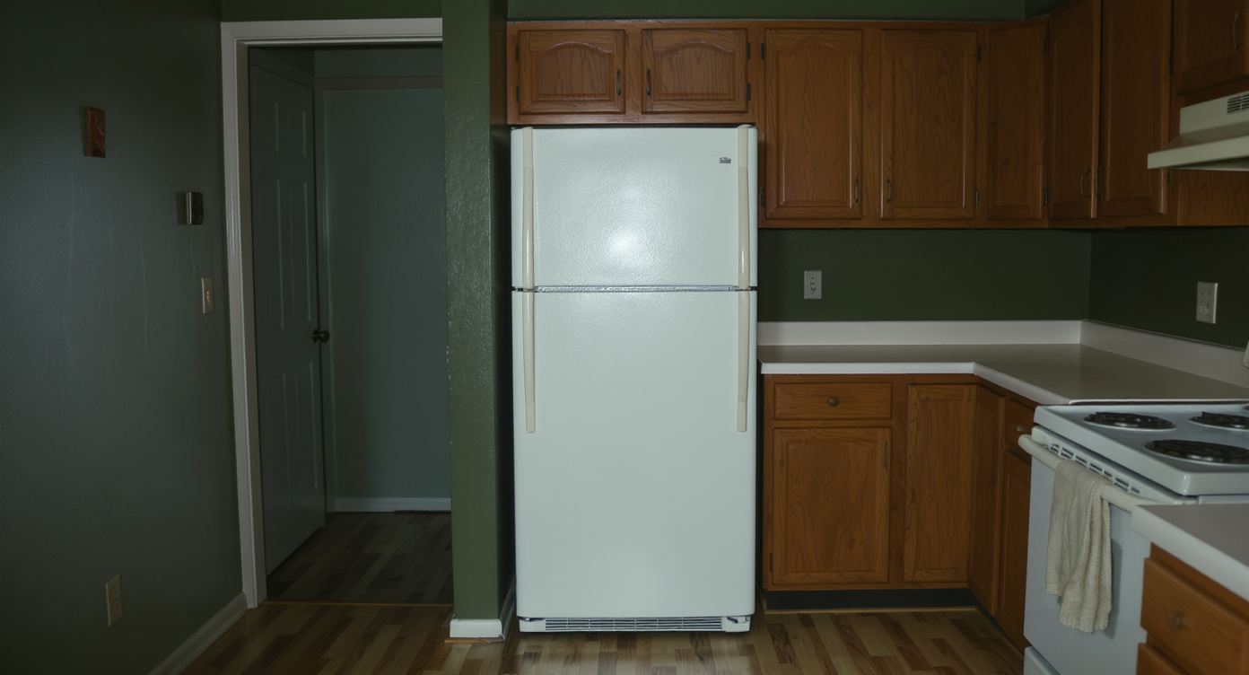 Kitchen corner with matte dark green walls, brown cabinets, white fridge, and light wood vinyl floors, showing a moody, mismatched look.