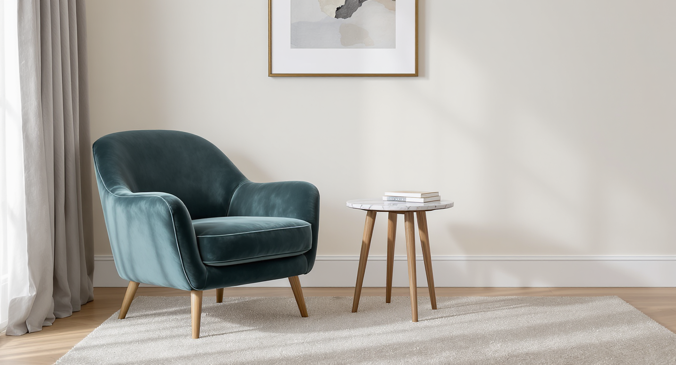 Cozy interior corner with a compact teal velvet armchair, marble side table, neutral rug, and minimalist art on cream wall.