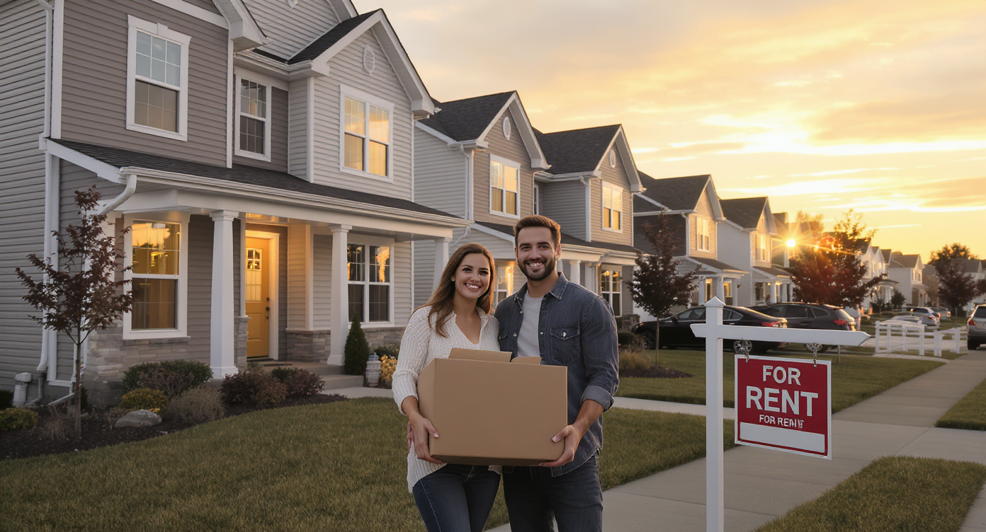 A couple moving into a single-family rental home at sunset, symbolizing the growing demand for suburban rentals amid high mortgage rates.