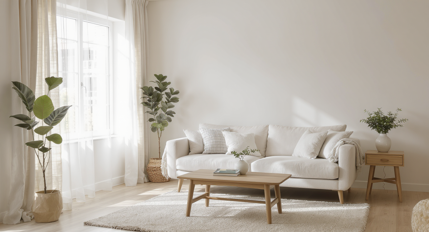 Bright, airy living room with neutral tones, light wood flooring, large window, and minimalist furnishings conveying calm and opportunity.