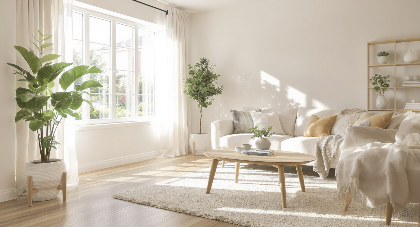 Sunlit modern living room with beige sofa, light wood floors, neutral walls, and green plants, creating a calm, fresh atmosphere.