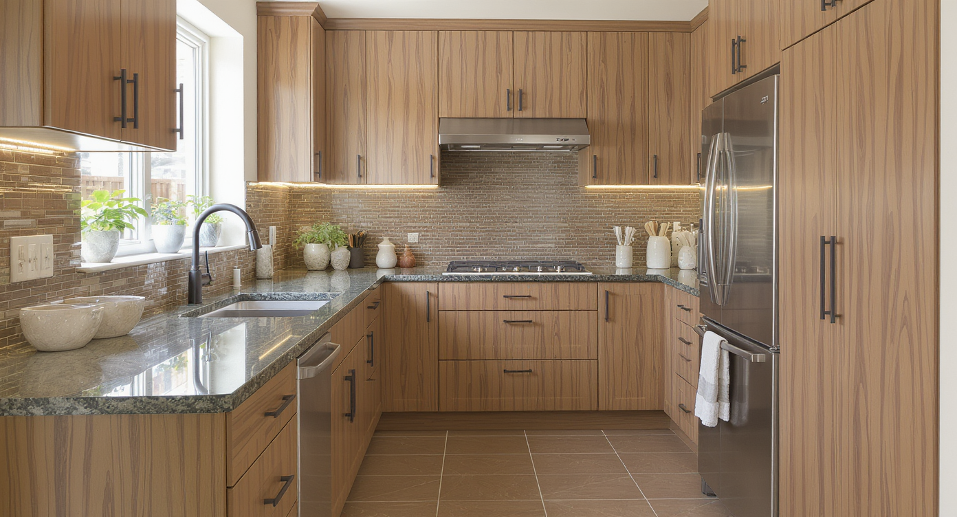 Realistic photo of a modern kitchen with green granite countertops, brown ceramic floor tiles, and warm mushroom-beige greige cabinets, showcasing rich color and texture contrasts under natural light.