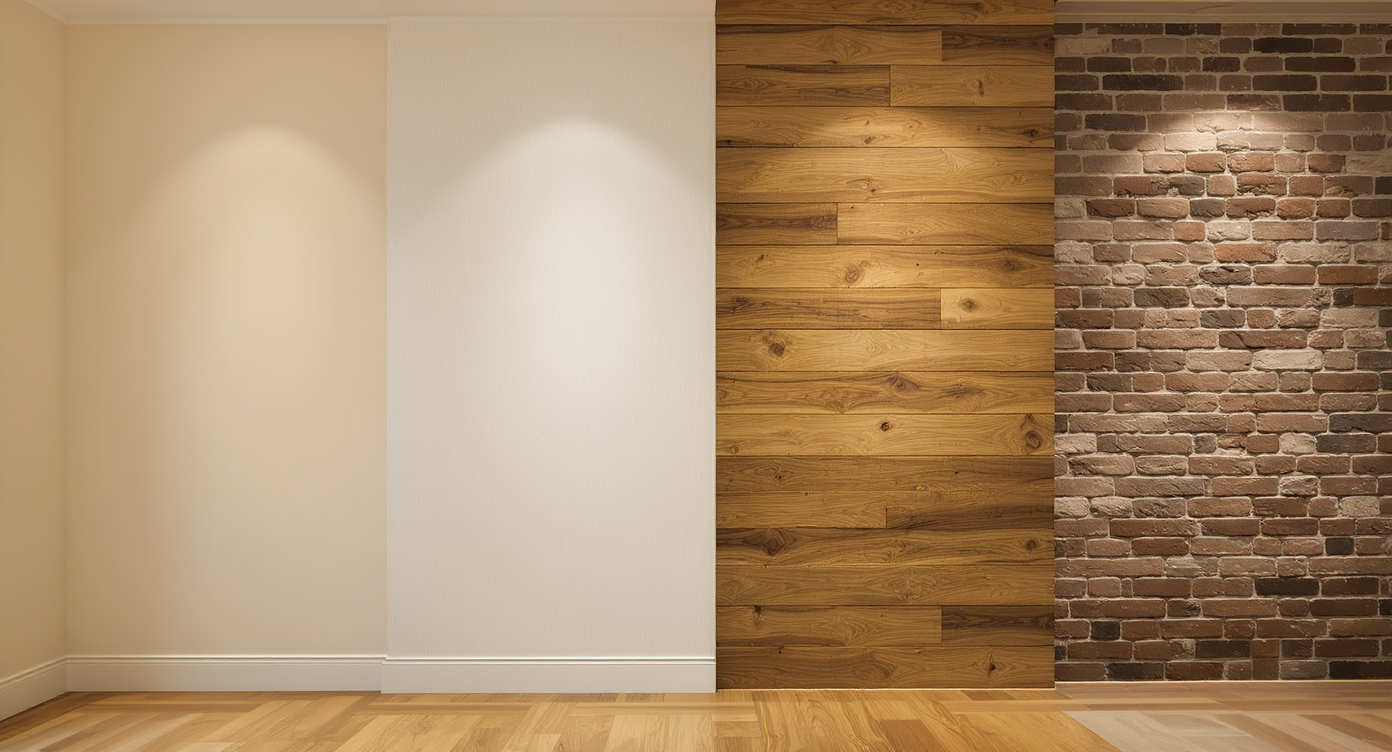 Interior hallway displaying four wall finishes: beige paint, textured wallpaper, wood paneling, and exposed brick under warm, layered light.