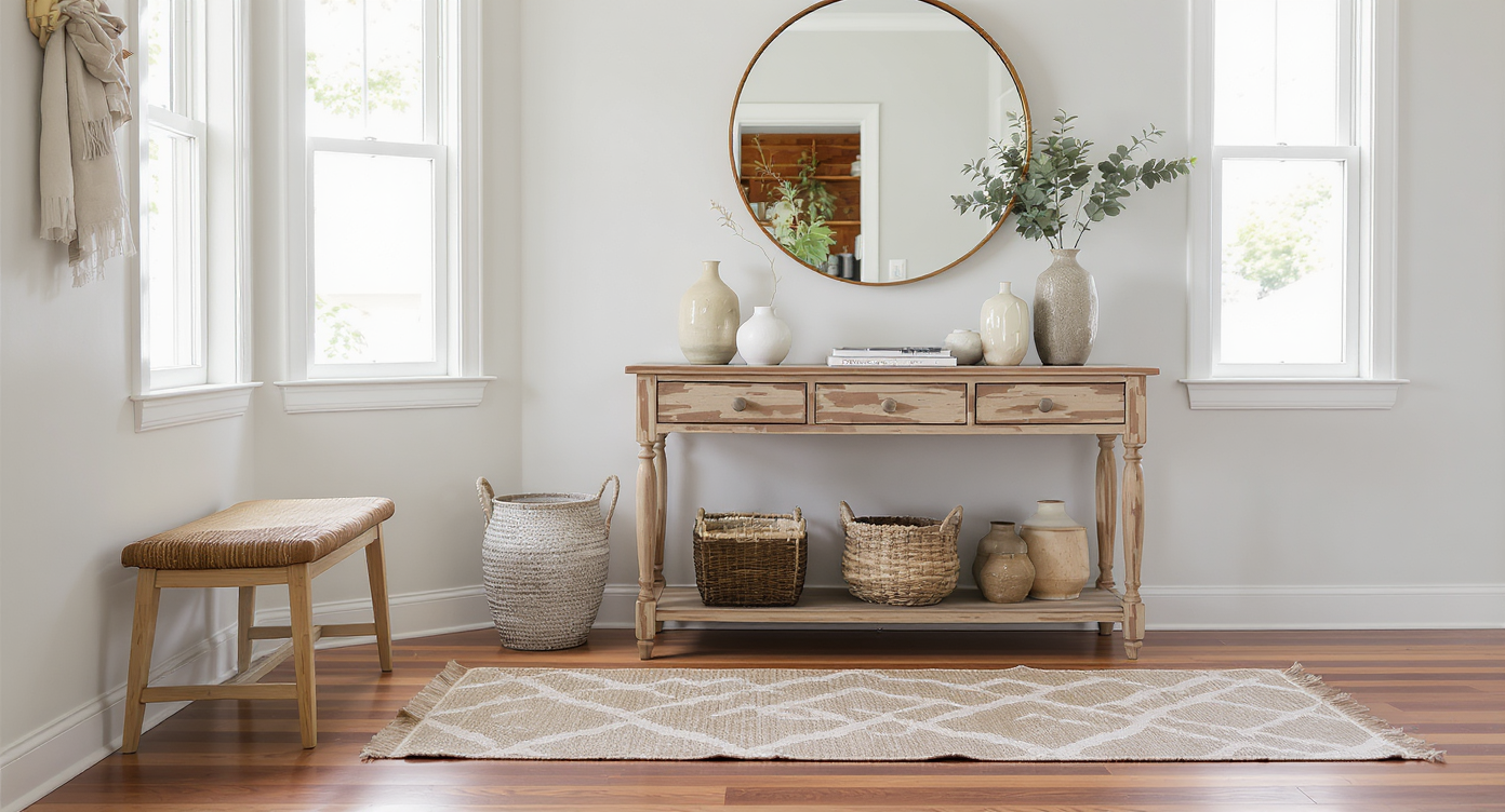 Entryway with woven bench, round wood-framed mirror, distressed console table, and mixed secondhand and new decor.