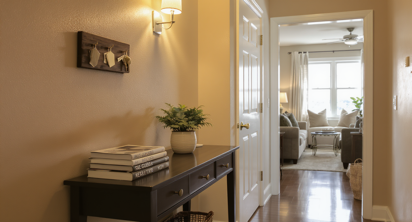Cozy home entryway with console table holding real estate guides, potted plant, key holder, and warm ambient lighting.