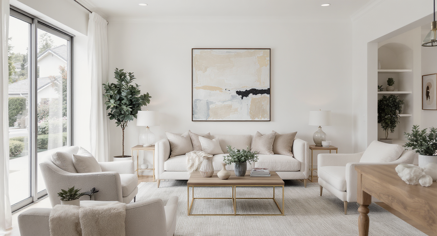 Minimalist Silicon Valley living room with beige furniture, white walls, abstract art, natural light, and simple decor.