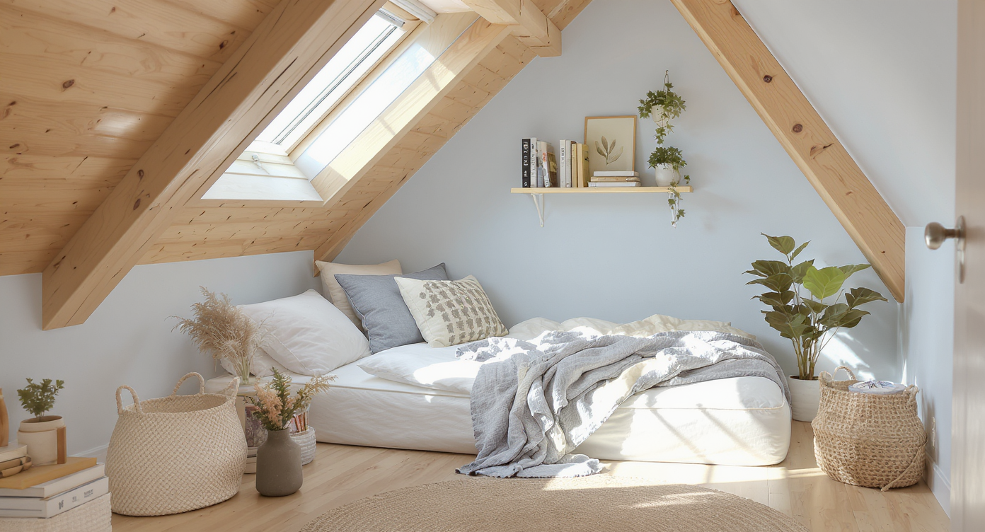 Cozy attic sleeping nook with wooden beams, pastel blue walls, layered textiles, and natural light
