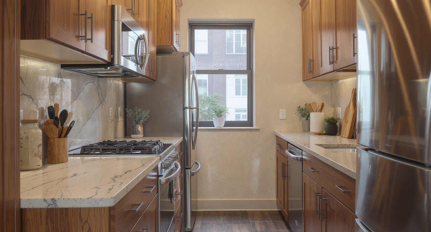 Compact city galley kitchen with warm wood cabinets, stone countertops, textured plaster walls, and stainless steel appliances.