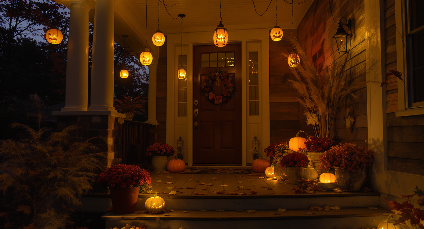 Cozy porch at early evening with warm LED lanterns, hanging paper jack-o'-lanterns, potted chrysanthemums, and natural fall foliage accents.