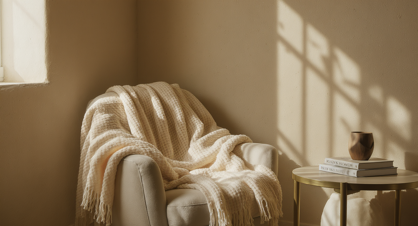Cozy corner with wool boucle throw on armchair, limewashed plaster wall, natural wood candle holder, and brushed metallic side table under warm light.
