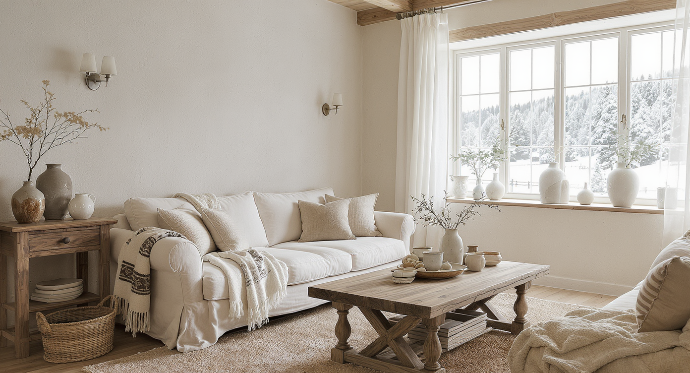 Cozy farmhouse living room with textured lime-plaster walls, layered wool textiles, wooden millwork, and snowy field views.