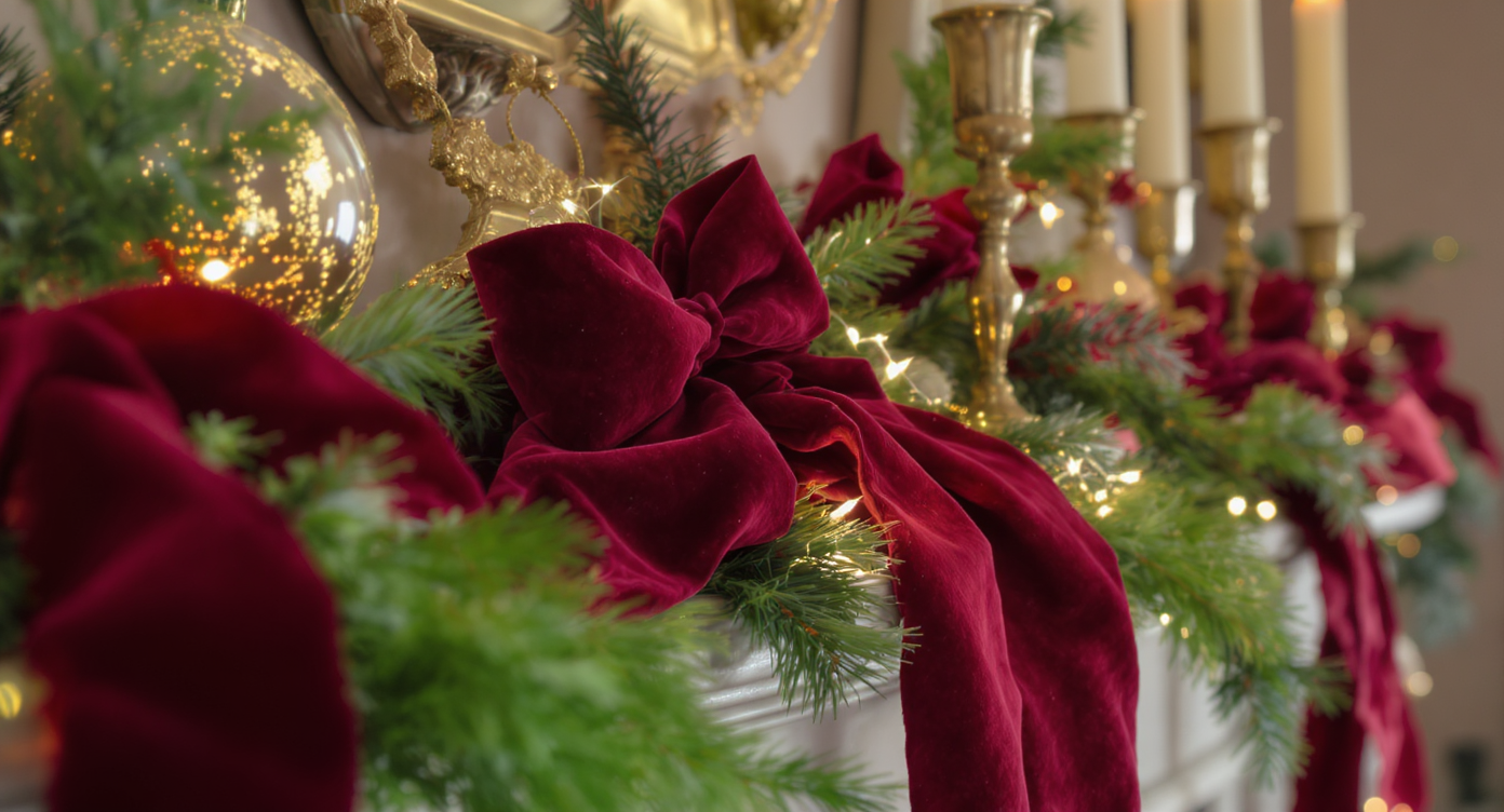Close-up of a Christmas mantel with velvet ribbons, brass candleholders, glass ornaments, and real pine branches glowing warmly.