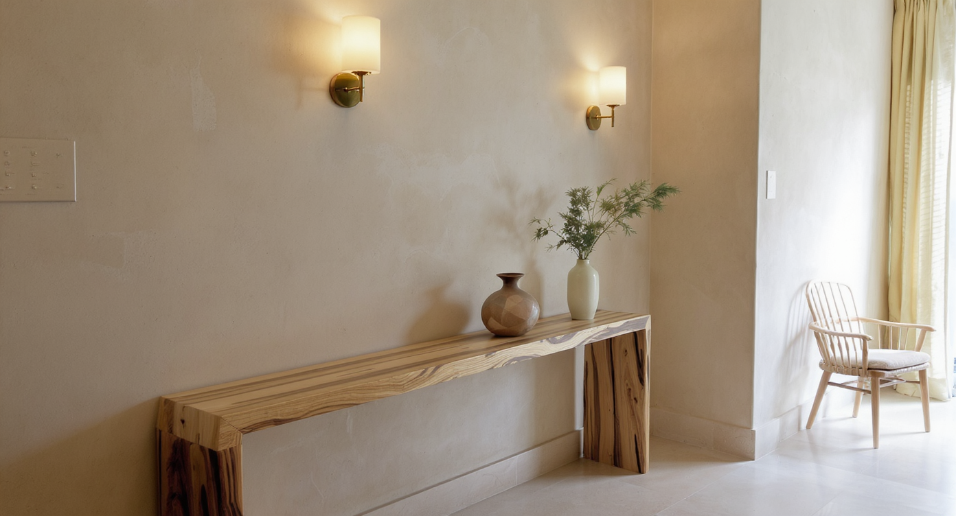 Cozy corner with smooth ivory plaster walls, natural wood console, minimalist vase, warm brass sconces, and soft marine light.