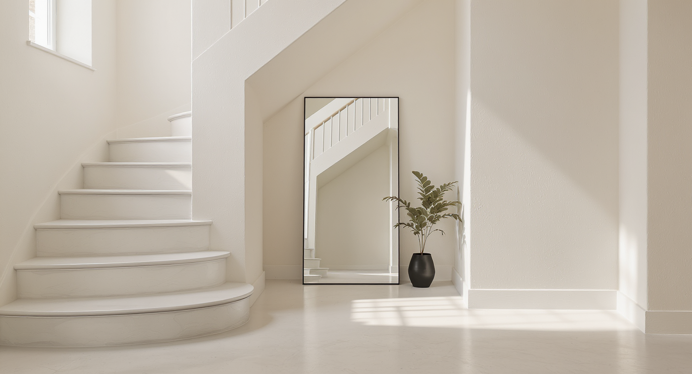 Minimalistic under-stairs space with open risers, a large frameless mirror reflecting daylight, a green plant in black pot on pale concrete floor, soft cream walls.