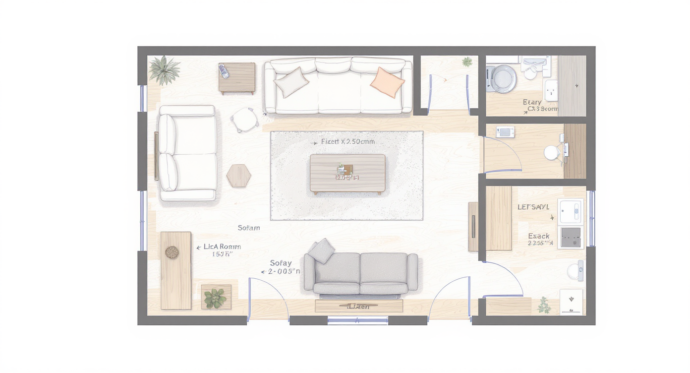 Top-down illustrated living room layout diagram showing sofa and rug sizes, clear pathways, and furniture placement guidelines in pastel colors for optimal flow.