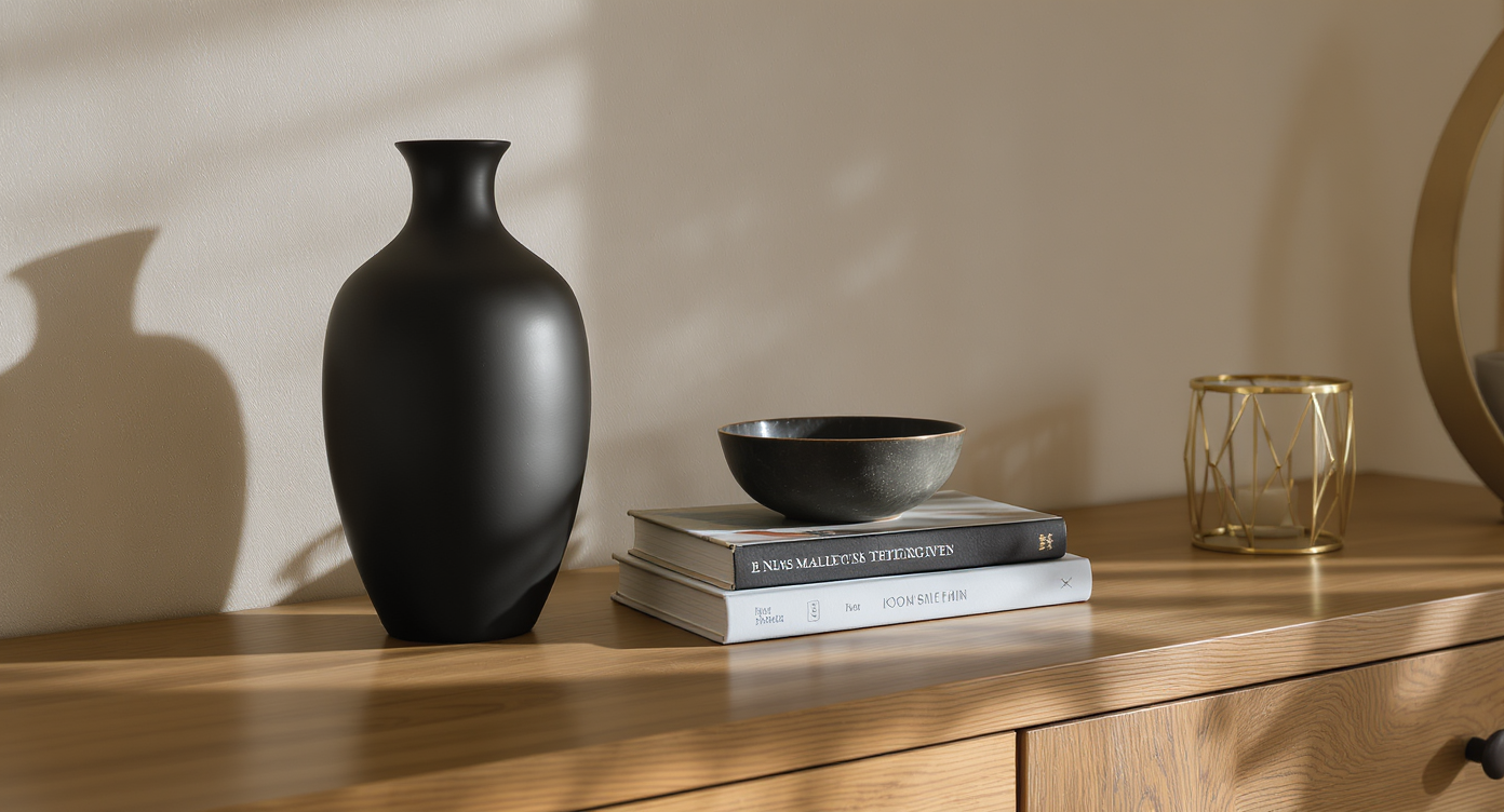 Close-up of a wooden console table with three decorative objects: a black vase, stacked books with a ceramic bowl, and a brass candle holder against a textured beige wall.