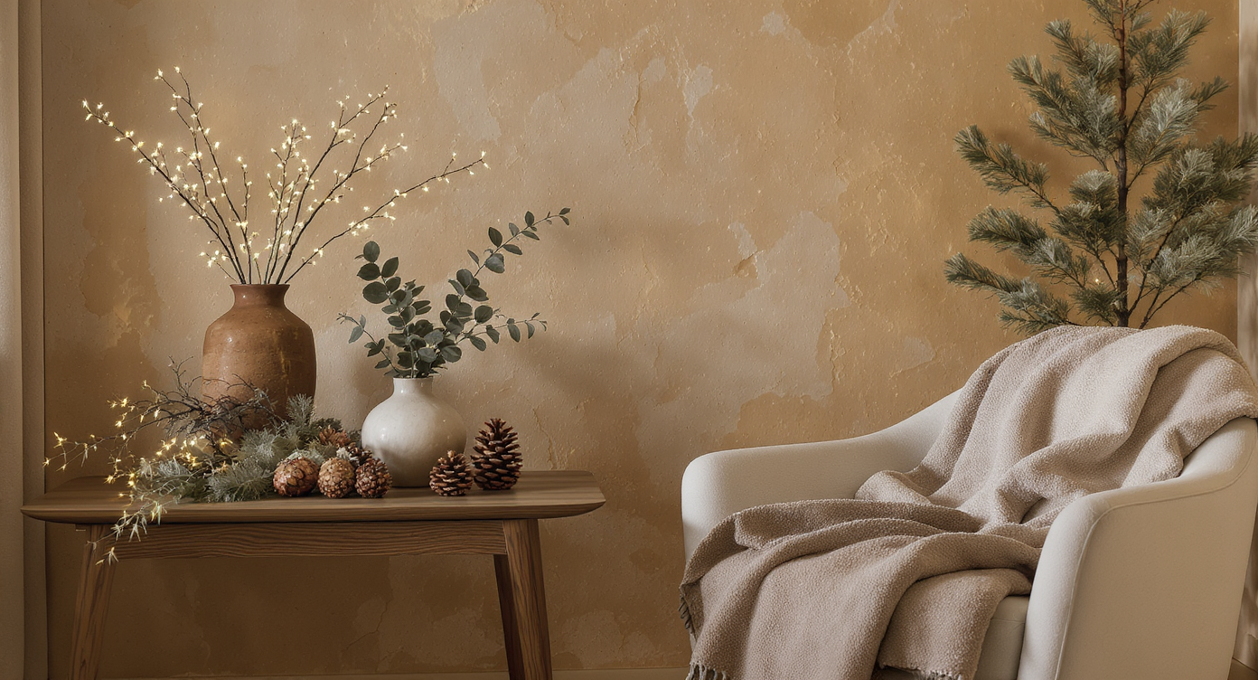Modern cozy corner with tactile plaster wall, boucle throw, natural décor, and a small decorated tree lit by soft fairy lights.
