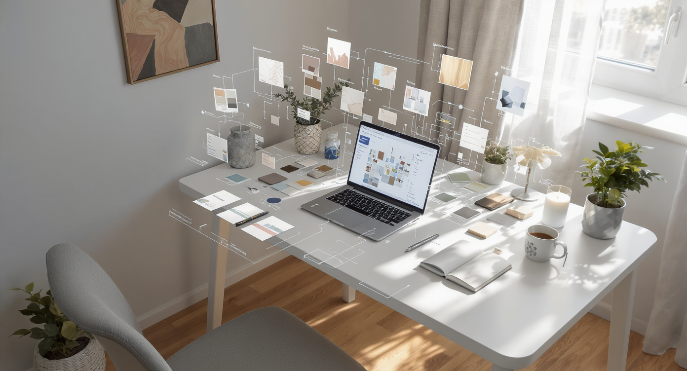 Cozy home office corner with white desk, laptop showing design app, fabric swatches, and natural light through window.
