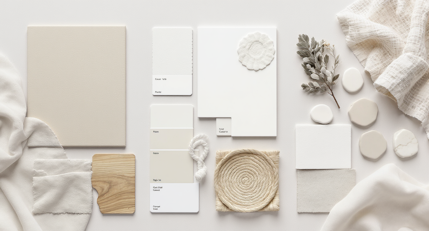 Flat lay mood board showing fabric swatches, paint chips, and furniture silhouettes illustrating warm minimalism, organic modern, and coastal neutrals styles.
