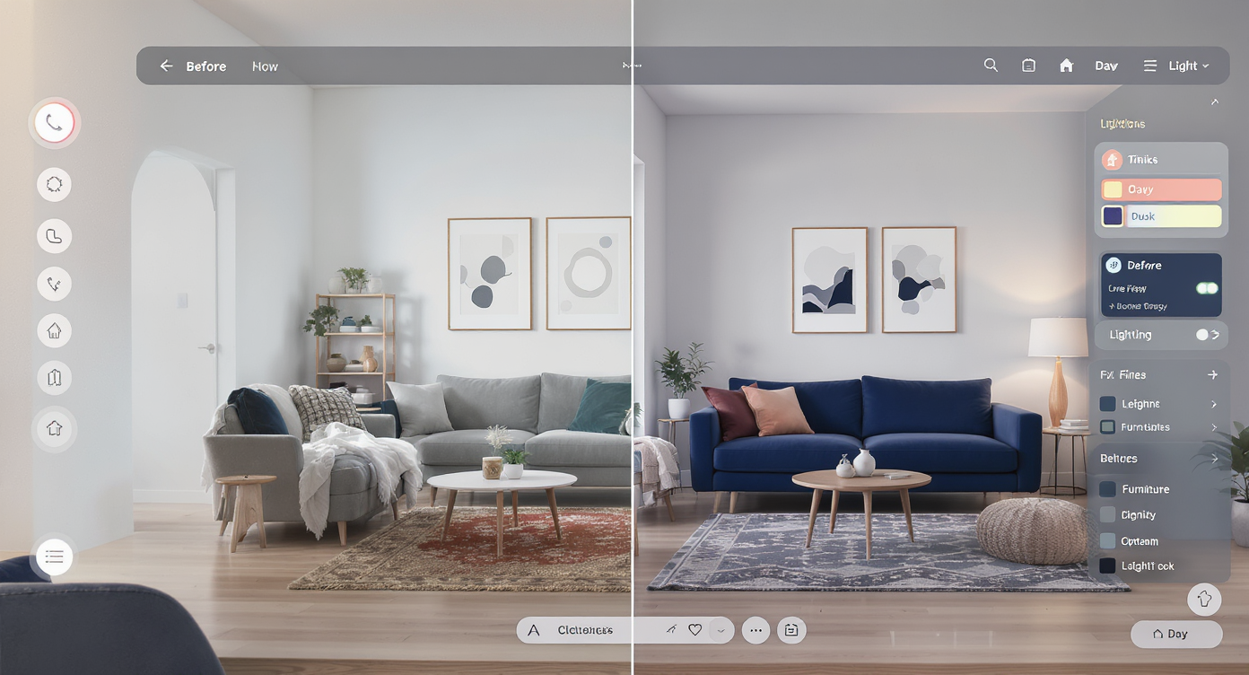 Split-screen showing a small living room before and after AI redesign with updated furniture and lighting.