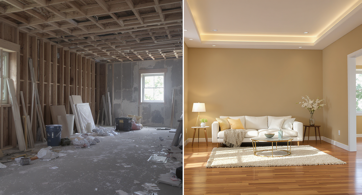 Split view of a room in renovation with exposed framework contrasted against the same room fully designed and furnished.