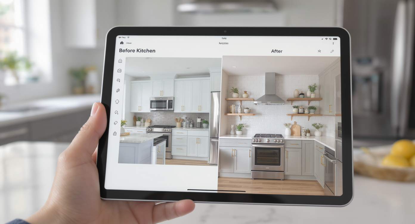 Tablet showing split view of original kitchen photo and photorealistic 3D renovated kitchen with white marble, gray cabinets, and wood accents.