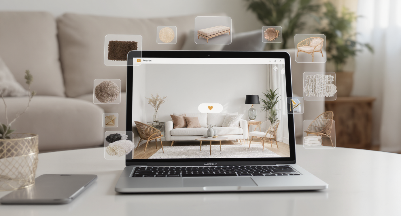 Modern living room with digital device displaying one photo and AI-generated retro style overlays, highlighting easy room restyling.