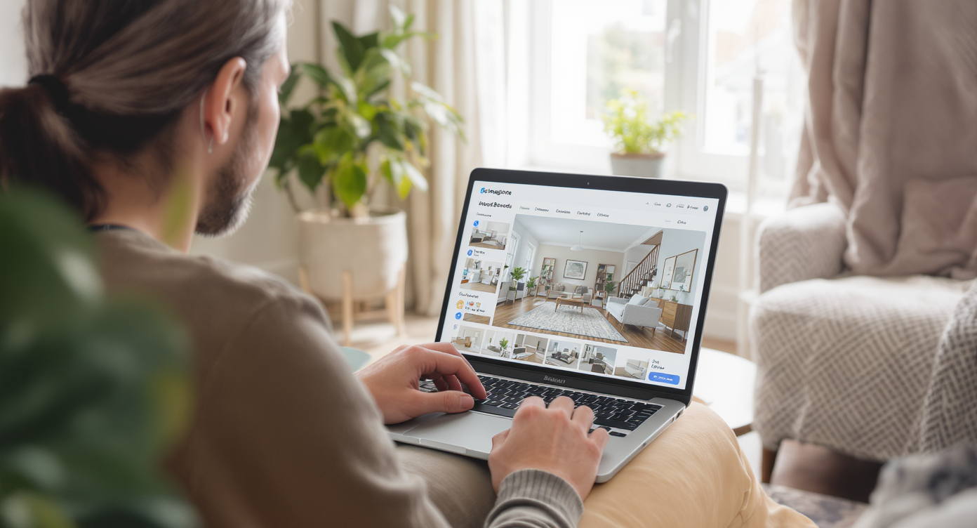 Homeowner and designer using ReimagineHome.ai on laptop to turn mood boards into lifelike, measurable home renovation visuals.