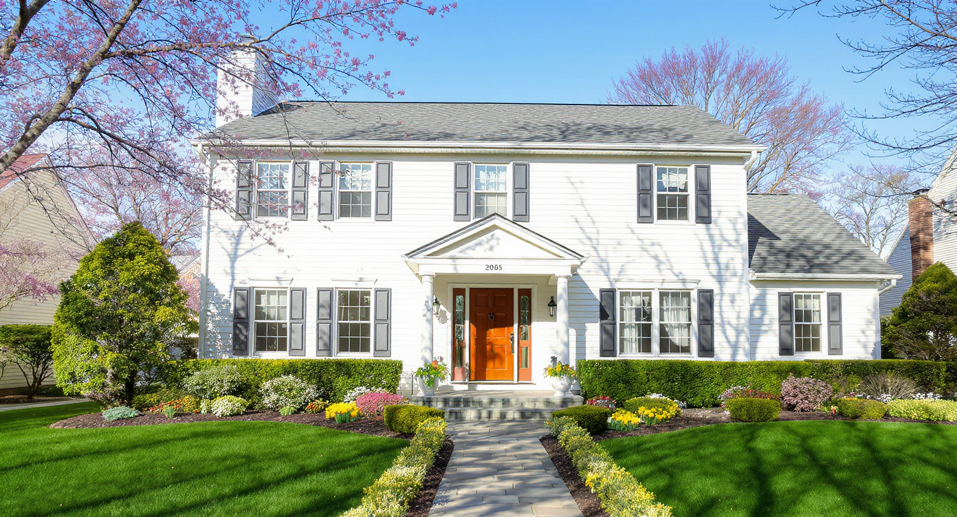 Well-kept white house exterior with dark shutters, fresh landscaping, and colorful spring flowers alongside stone path.