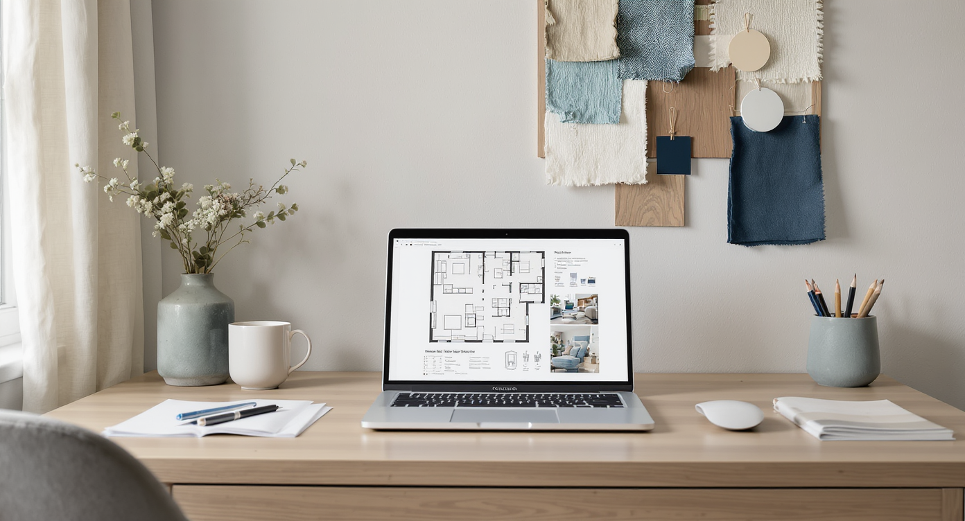 Minimalist home office nook with wooden desk, laptop showing room mockups, and mood board with fabric and paint samples in soft natural light.