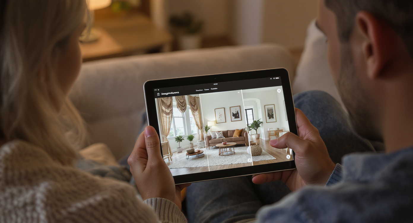 Couple reviewing ReimagineHome.ai on tablet comparing three living room styles side by side for their next home makeover.