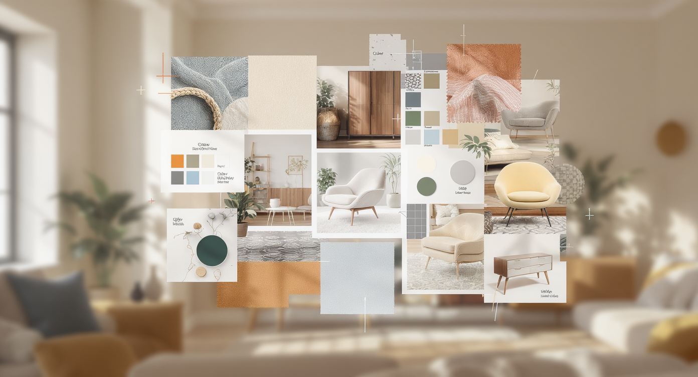 Illustration of a digital mood board with fabric swatches, color palettes, and 3D furniture elements floating above a softly blurred modern room background.