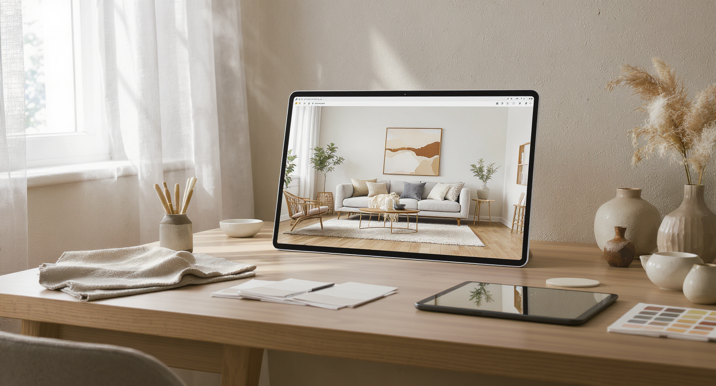 Design studio desk with fabric swatches, color cards, and tablet showing a Japandi-style living room concept in warm neutrals.