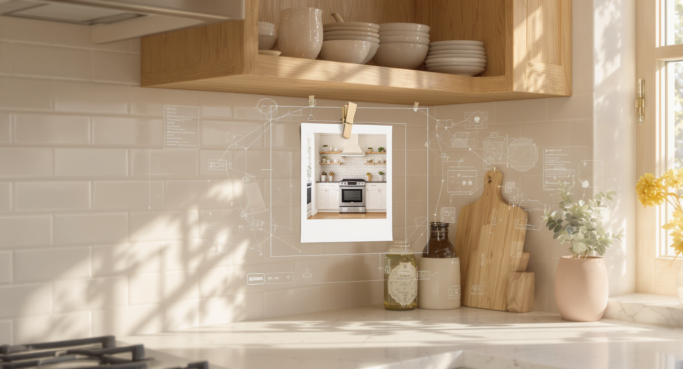 Close-up kitchen corner with natural oak shelves, beige tiles, and digital wireframe overlays showing AI design visualization concept.