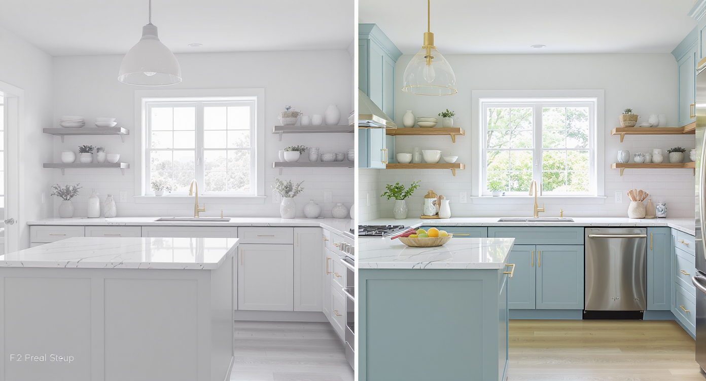 Modern kitchen showing empty grayscale space beside staged coastal kitchen with blue cabinets and marble counters.