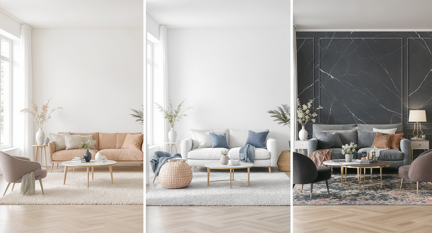 Empty room shown alongside digitally staged versions in warm minimalism, coastal chic, and bold luxury styles.