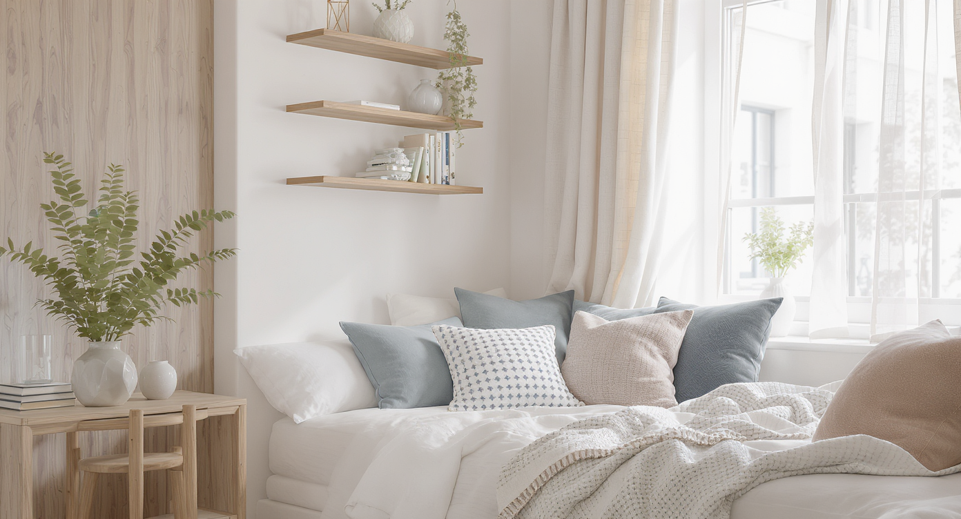 Cozy reading nook in a small townhome interior with soft white and blue tones, natural wood shelves, and sunlight filtering through sheer curtains.