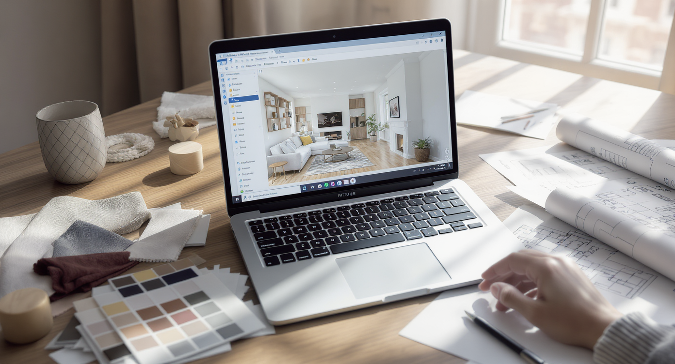 Workspace with laptop showing home renovation software, surrounded by tile samples, fabric swatches, and blueprints on wooden desk